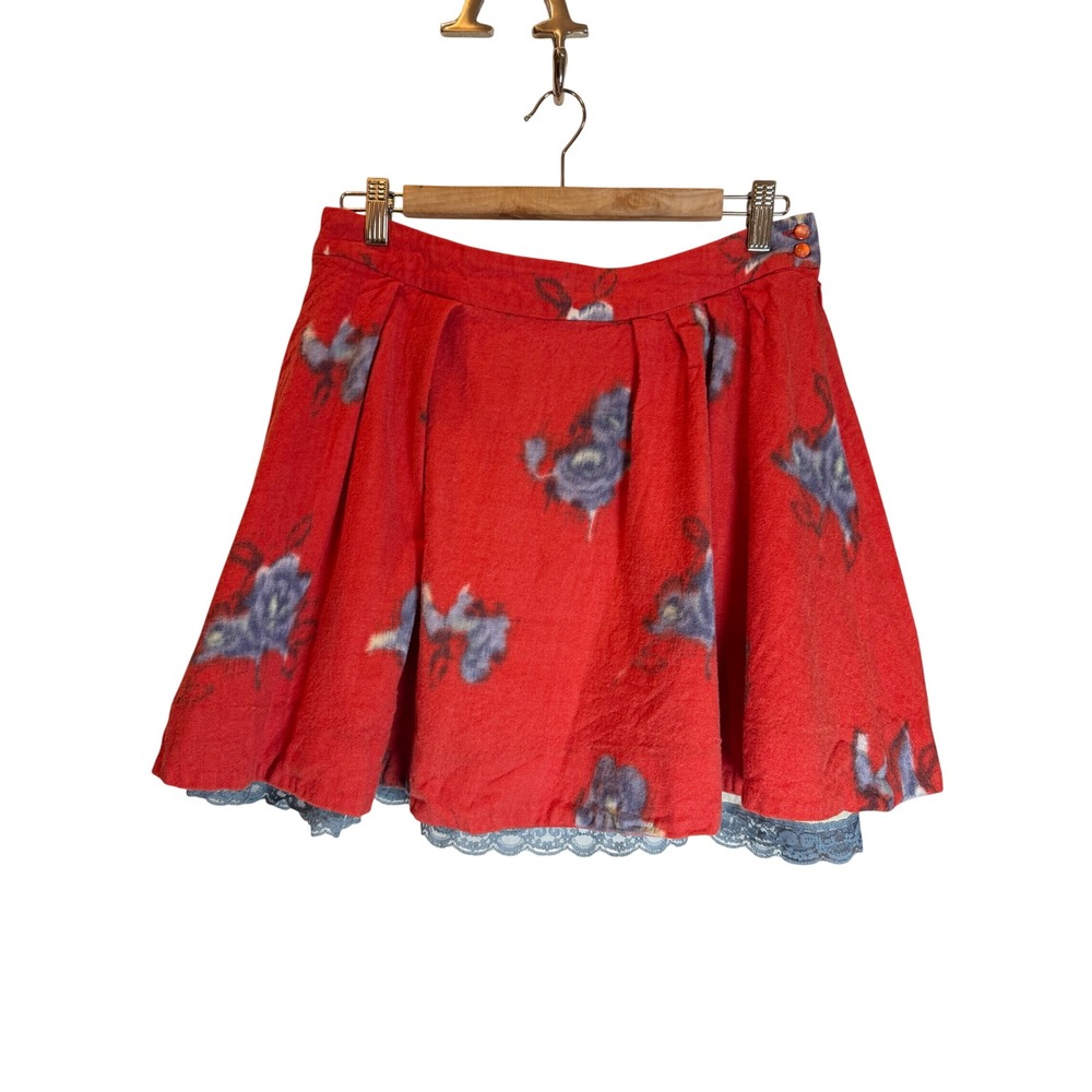 Odille Anthropologie Red Wool Floral Lace Trim Mini Skirt Size 8